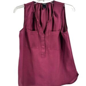 Ann Taylor Pullover Top Burgundy 2 Pocket Partial Button Front Petite Women's SP